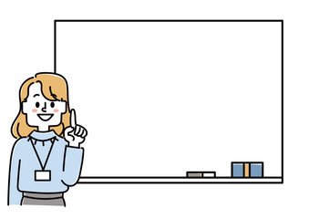 ホワイトボードの前で説明する会社員の女性（オフィスカジュアル）