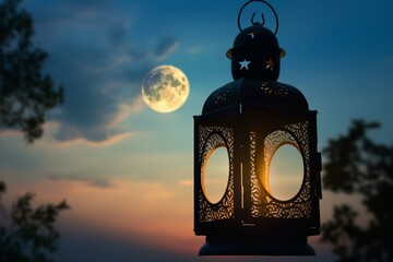 Lantern, candle, night sky, waning crescent moon, Ramadan. Generative AI