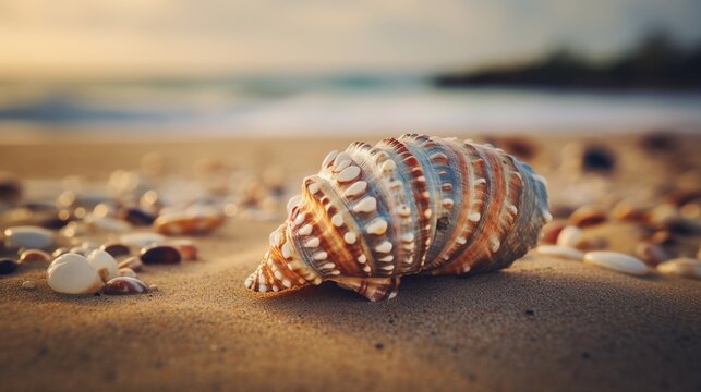 Serene Seashell on Misty Morning Beach - Coastal Tranquility and Ethereal Beauty