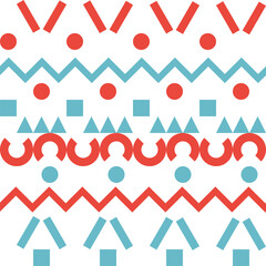 Seamless pattern with geometric shapes, blue and red figures on white background. Could be used as print, wallpaper, wrapping.