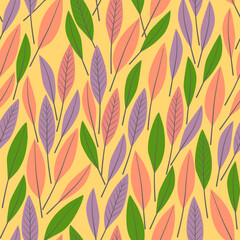 Seamless pattern with autumn leaves on a yellow background. Could be used as colorful print, wallpaper, print, card, wrapping.