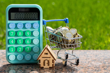 Miniature house, calculator, supermarket shopping cart and 100 Kazakhstan tenge coins