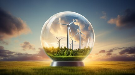 a mesmerizing picture of a glass globe encasing a miniature wind farm against a dramatic, cloud-filled sky, highlighting the elegance of wind energy