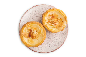 Traditional portuguese cakes pasteis de nata, custard small pies isolated on white. Top view.