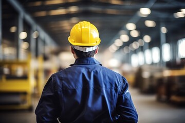 photo of worker at work wearing hard hat and work clothes on a big factory