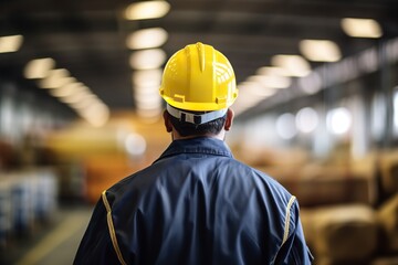photo of worker at work wearing hard hat and work clothes on a big factory