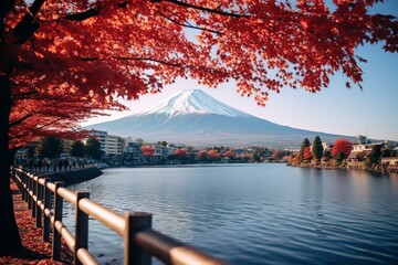 Autumn scene captures the beauty of Mount Fuji surrounded by red leaves against the backdrop of Lake Kawaguchiko. Generative AI