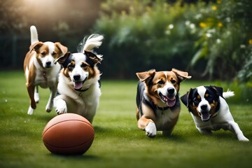 Close-up view of three dogs playing with football in the green garden, natural and realistic view, abstract art, digital HD background