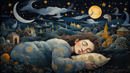 A painting of a girl sleeping in the night, AI