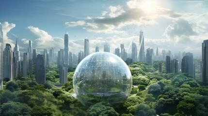 a scene featuring a glass globe integrated into a futuristic eco-metropolis, with transparent solar panels covering skyscrapers, illustrating urban sustainability