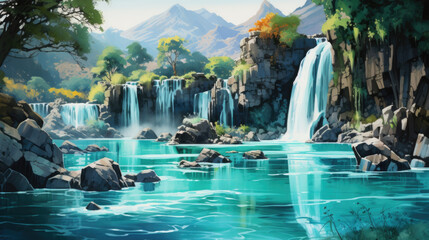 creative illustration of a waterhole with waterfalls in a paradisiacal place surrounded by trees.