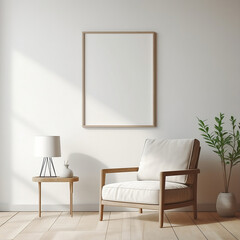 Harmonious Serenity: Minimalist White Chair and Lamp on Wooden Cabinet with Framed Poster, Zen-Inspired Earth Tones, Ambient Occlusion, and Flattering Lighting in Large Canvas Minimalism Mockup.