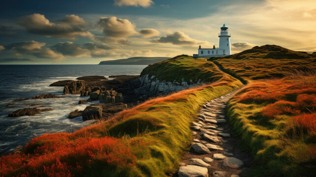 a beautiful lighthouse at sunset by the sea with dramatic sky.