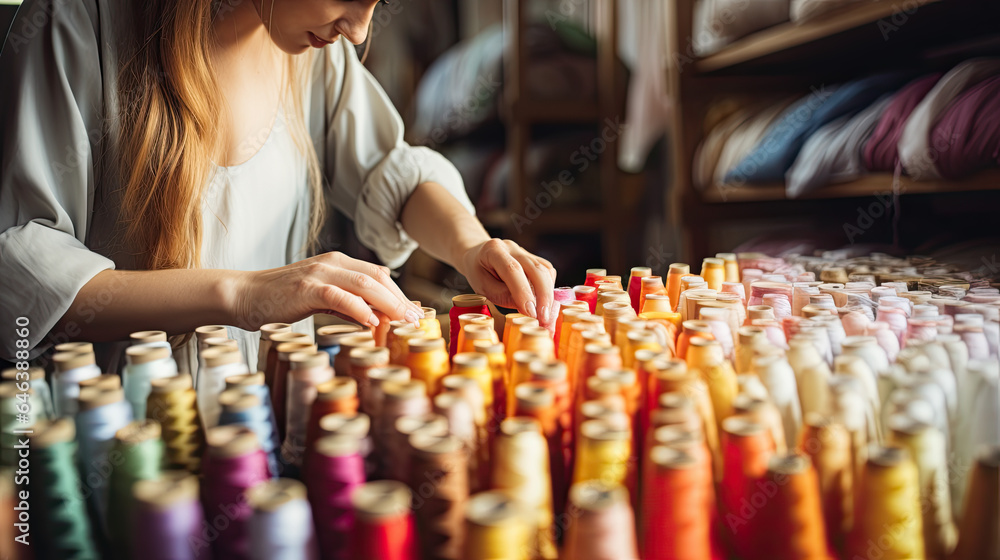 Poster close up of a seamstress who is doing something with colorful threads.