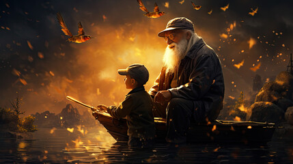 a grandfather with his grandchild on a fishing trip on a river or lake.