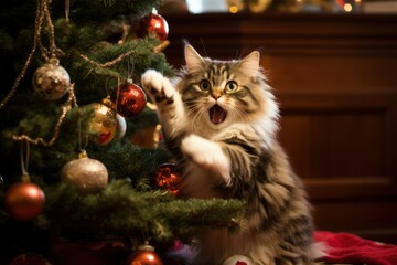 christmas concept. hooligan cat wants to drop the Christmas tree - Powered by Adobe