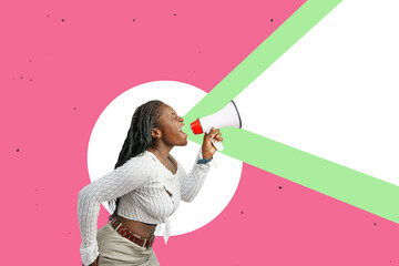 Art collage. A woman with a megaphone. Promotion, action, ad, job questions, discussion. Vacancy. Business concept, communication, information, news, team media relations.