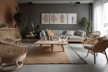 Modern room with muted colors and wooden details. Generative AI