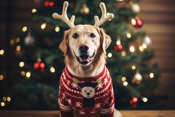 christmas concept. Labrador dog with reindeer horns in a Santa hat and a red New Year's sweater