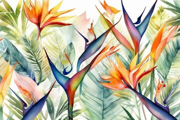 Vibrant watercolor pattern featuring bird-of-paradise flowers. Generative AI