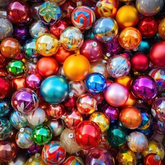 Fototapeta na wymiar multi-colored bright New Year's balls of different colors. maximalism and chaos. close-up