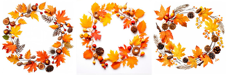 Fototapeta premium Wreaths from autumn Elements on a white background, Decor for thanks card, invitations, posters, generative ai