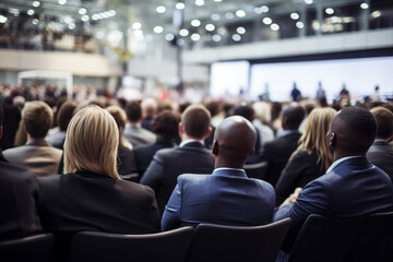 rear view of an audience in a conference hall listening to a business speaker