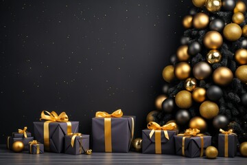 Christmas tree in black and gold colors with black background 
