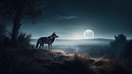 Majestic Wolf Howls Beneath the Moon's Glow, An Echo of Wilderness Song - obrazy, fototapety, plakaty