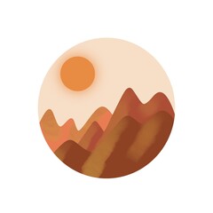 Mountains landscape in a circle, digital illustration in warm tones. For postcards, greeting cards, stickers, magnets, pins; prints for clothes, mugs, pillows, shoppers, etc.