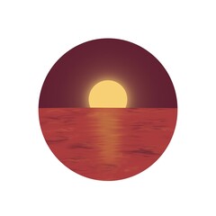 Night seascape in a circle, digital illustration in warm tones. For postcards, greeting cards, stickers, magnets, pins; prints for clothes, mugs, pillows, shoppers, etc.