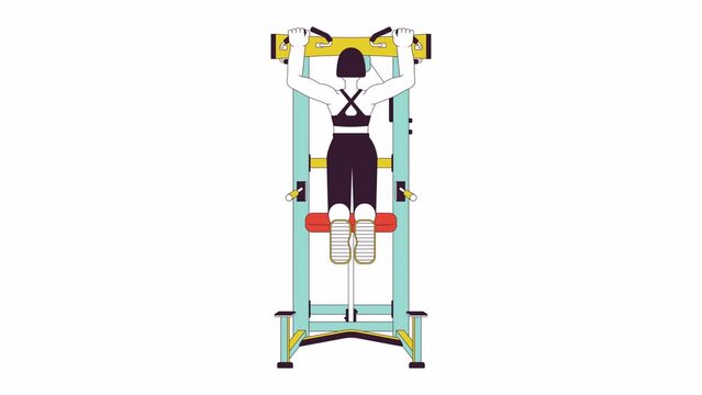 Woman pulling up on pullup machine line cartoon animation. Building strong upper body 4K video motion graphic. Gym girl improving strength 2D linear animated character isolated on white background