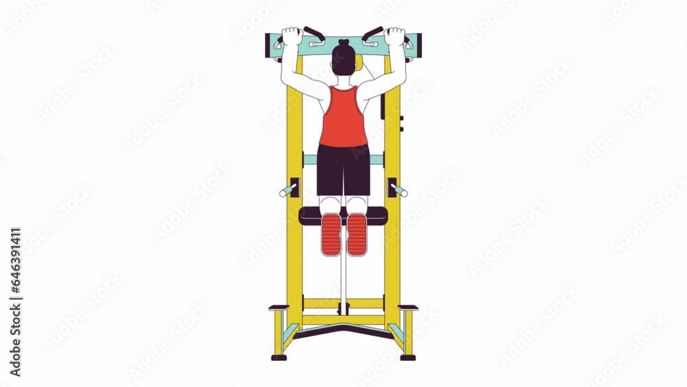 Poster man pulling up on pullup machine line cartoon animation. stretching upper body 4k video motion graph
