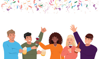 Group of happy young people celebrating. Banner with people celebrating with beer and wine. Confetti on the background. 