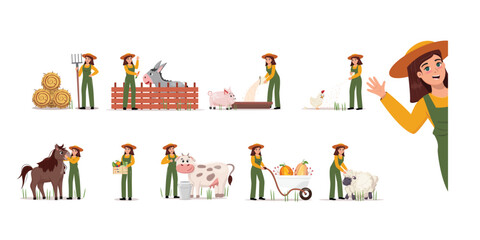Fototapeta premium Illustrations of a pretty female farmer wearing a overall and doing farmland work. Farm, garden, livestock, harvesting concept illustration 