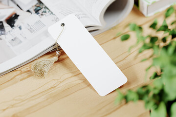 Cardboard bookmark with tassel mockup. 3D rendering
