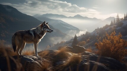 Mystical Wolf Roams Misty Mountain Range, A Glimpse of Enchanted Wilderness