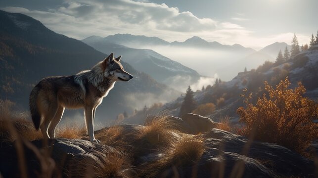 Mystical Wolf Roams Misty Mountain Range, A Glimpse of Enchanted Wilderness
