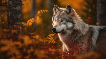 Vibrant Wolf Roams Colorful Autumn Forest, A Glimpse of Seasonal Majesty