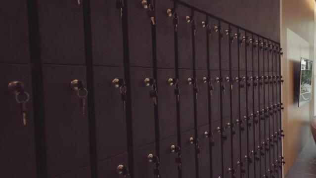 Metal mailboxes in the hall of an apartment building