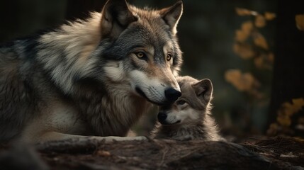 Fototapeta premium Wolf Parent and Pups Embrace in Untamed Unity, A Glimpse of Family Bond