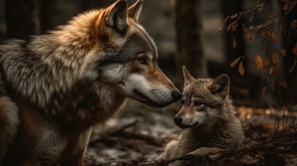 Obraz premium Wolf Parent and Pups Embrace in Untamed Unity, A Glimpse of Family Bond