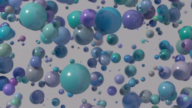 Blue, green, purple glossy balls flying. Abstract animation, 3d render, close-up.