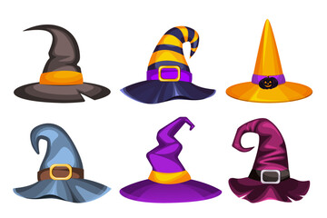 A set of hats for Halloween.A design element for celebrating Halloween.Vector illustration isolated on a white background.