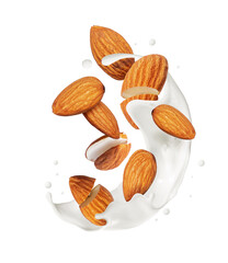 Whole and cracked almonds in milk splashes close-up in the air on a white background