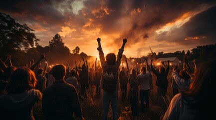 young people standing with hands raised in the air during sunset in the style of captivating documentary photo - obrazy, fototapety, plakaty
