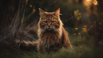 Naklejka na ściany i meble Gorgeous Red-Gold Cat Sitting Gracefully on the Green Grass, a Serene Portrait of Feline Beauty