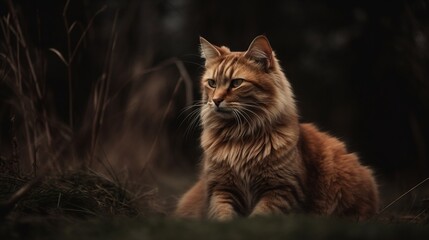 Naklejka na ściany i meble Gorgeous Red-Gold Cat Sitting Gracefully on the Green Grass, a Serene Portrait of Feline Beauty