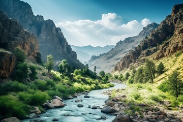 Naklejka na ściany i meble Scenic river view in mountainous canyon at national park. Generative AI