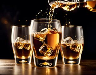 Golden-hued whiskey glass overflowing with bubbly liquid. AI generative.